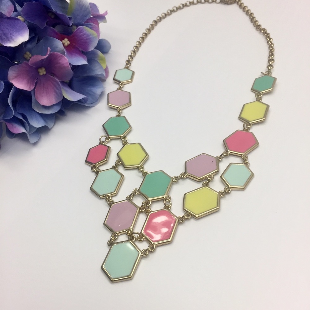  2/$24 Multi Colored Hexagon Statement Necklace